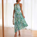 Henriette - Dame lang kjole med blomsterprint & halterneck