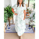 Monica – Kortærmet maxikjole med v udskæring og unikt print