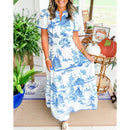 Monica – Kortærmet maxikjole med v udskæring og unikt print