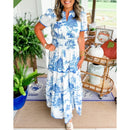 Monica – Kortærmet maxikjole med v udskæring og unikt print