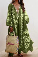 Lana – Boheme blomsterprint løs kjole med lange ærmer og dyb V halsudskæring