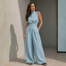 Dame ærmeløs jumpsuit med bred ben og bindebånd