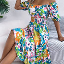 Kvinders Midi Kjole med Blomstret Off-Shoulder