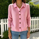 Dame Strikket Cardigan med Krave og Knapper