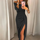 Lainey - Dame off-shoulder aftenkjole med trekvart ærmer