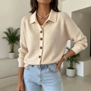 Dame Strikket Cardigan med Krave og Knapper