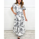 Monica – Kortærmet maxikjole med v udskæring og unikt print