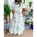 Monica – Kortærmet maxikjole med v udskæring og unikt print