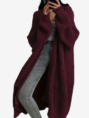 Wrap - Lang cardigan til kvinder med kabelstrik og rund hals