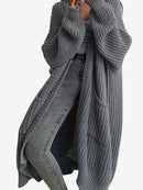 Wrap - Lang cardigan til kvinder med kabelstrik og rund hals