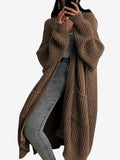 Wrap - Lang cardigan til kvinder med kabelstrik og rund hals