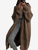 Wrap - Lang cardigan til kvinder med kabelstrik og rund hals