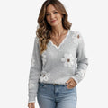Dame V-Hals Blomster Broderet Sweater