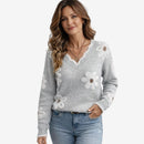 Dame V-Hals Blomster Broderet Sweater