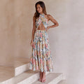 Sophia - Dame lang kjole med blomsterprint & halterneck