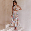 Sophia - Dame lang kjole med blomsterprint & halterneck