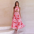 Sophia - Dame lang kjole med blomsterprint & halterneck