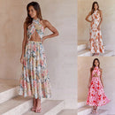 Sophia - Dame lang kjole med blomsterprint & halterneck