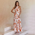 Sophia - Dame lang kjole med blomsterprint & halterneck