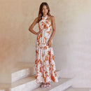Sophia - Dame lang kjole med blomsterprint & halterneck