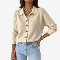 Dame Strikket Cardigan med Krave og Knapper