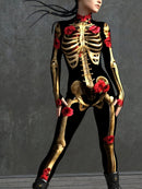 Skeleton Print Jumpsuit with Rose Accents for Women