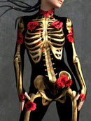 Skeleton Print Jumpsuit with Rose Accents for Women