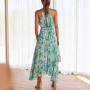 Henriette - Dame lang kjole med blomsterprint & halterneck