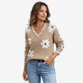 Dame V-Hals Blomster Broderet Sweater
