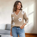 Dame V-Hals Blomster Broderet Sweater