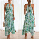 Henriette - Dame lang kjole med blomsterprint & halterneck