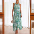 Henriette - Dame lang kjole med blomsterprint & halterneck