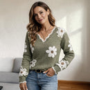 Dame V-Hals Blomster Broderet Sweater