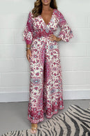 Lily - Dame V-hals jumpsuit med print og lange ærmer
