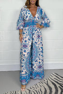 Lily - Dame V-hals jumpsuit med print og lange ærmer