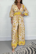Lily - Dame V-hals jumpsuit med print og lange ærmer