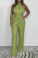 Thalia - Halterneck sæt med crossover cropped top + bukser