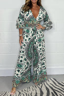 Lily - Dame V-hals jumpsuit med print og lange ærmer