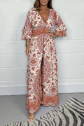 Lily - Dame V-hals jumpsuit med print og lange ærmer