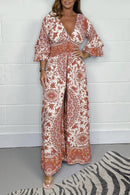 Lily - Dame V-hals jumpsuit med print og lange ærmer