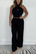 Thalia - Halterneck sæt med crossover cropped top + bukser
