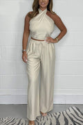 Thalia - Halterneck sæt med crossover cropped top + bukser