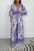 Lily - Dame V-hals jumpsuit med print og lange ærmer