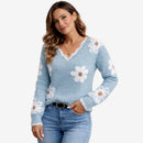 Dame V-Hals Blomster Broderet Sweater
