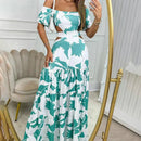 Sanne - Off-shoulder maxikjole med tropisk bladprint og