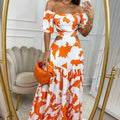 Sanne - Off-shoulder maxikjole med tropisk bladprint og