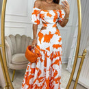 Sanne - Off-shoulder maxikjole med tropisk bladprint og